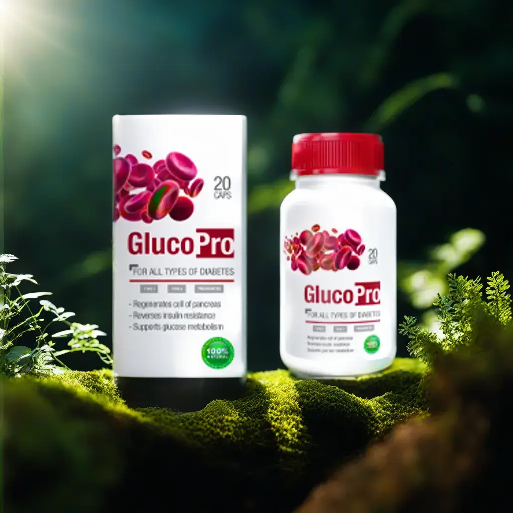 GlucoPro packaging on a nature background symbolizing product's naturalness